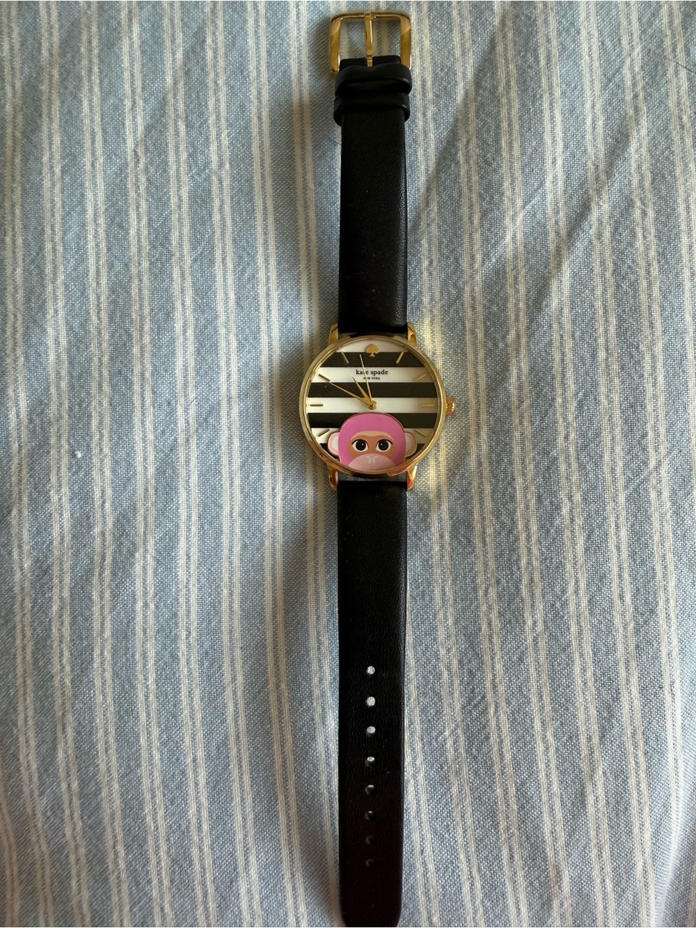 Kate Spade New York Black White Stripe Leather Monkey Business Wristwatch Watch